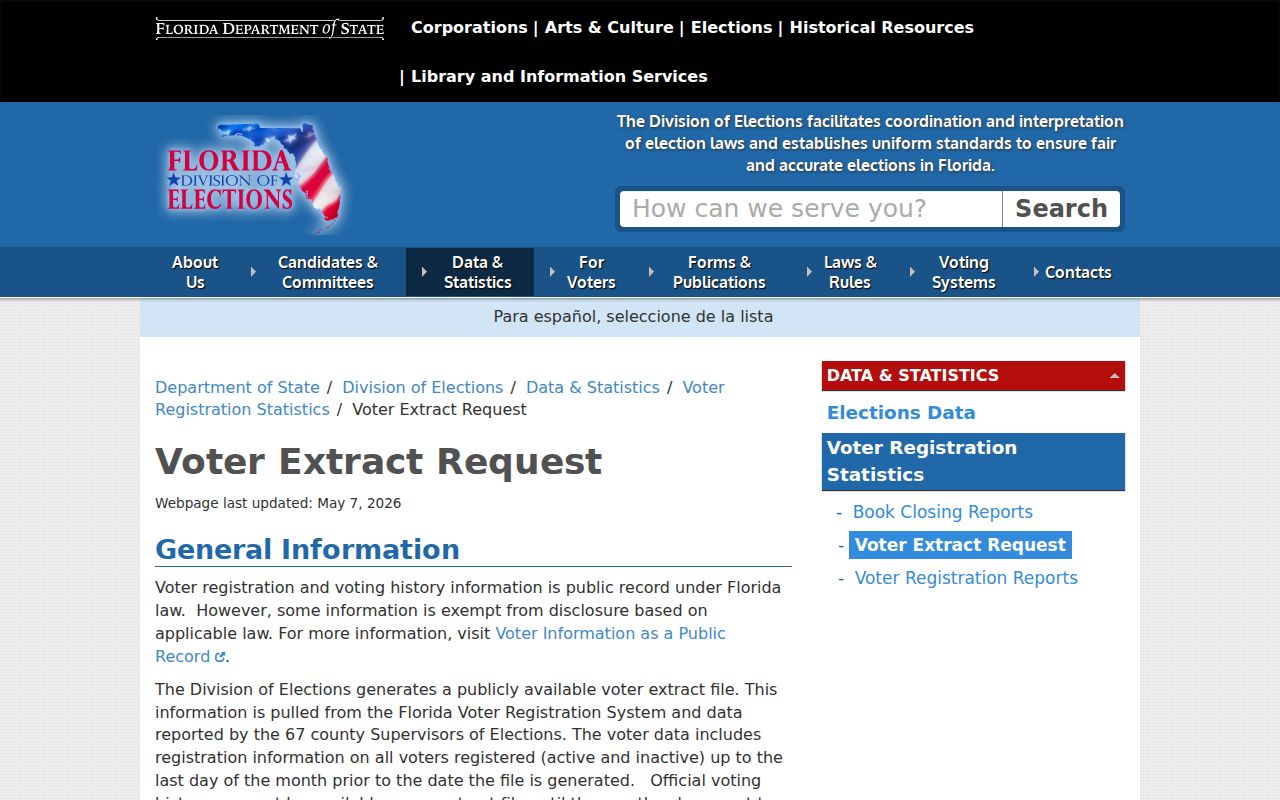 Florida voter extract request page for lawful block-level Sanford research