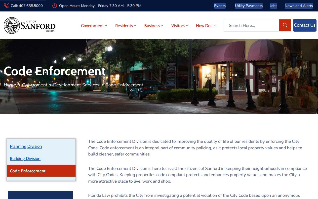 Sanford Code Enforcement page for neighborhood case and lien research