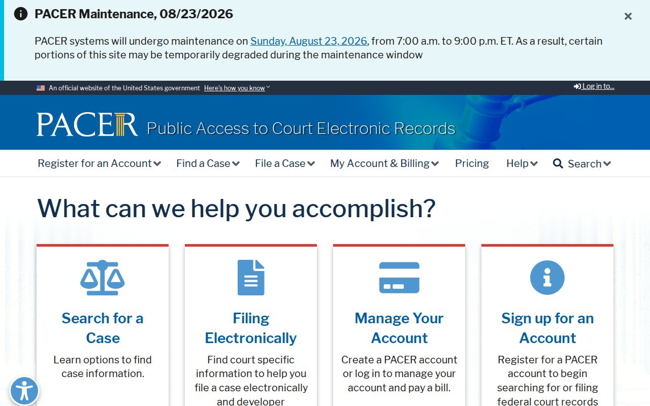 PACER federal court records access page used as a secondary Sanford historical research route