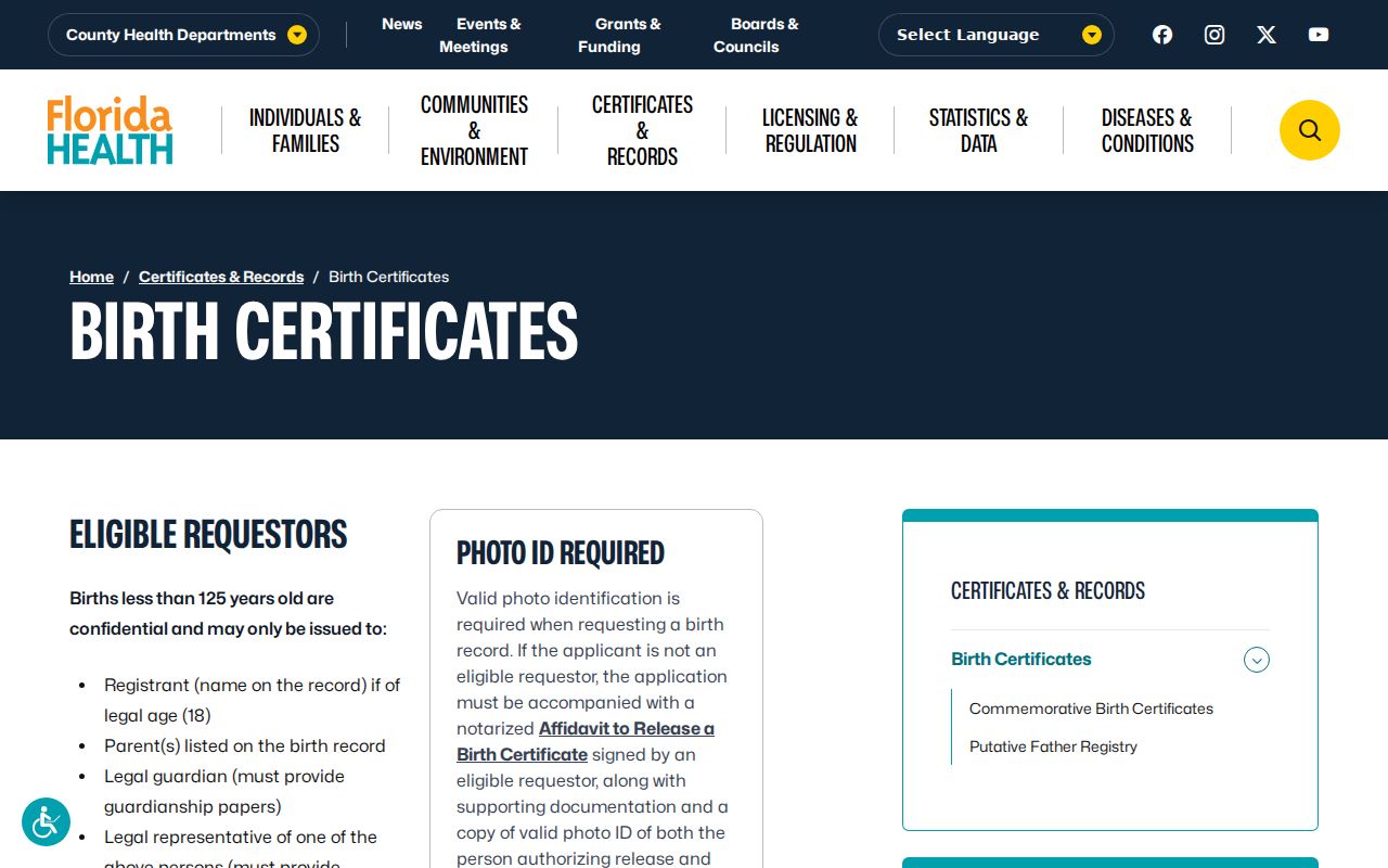 Florida birth certificate eligibility and ordering page for Sanford family research