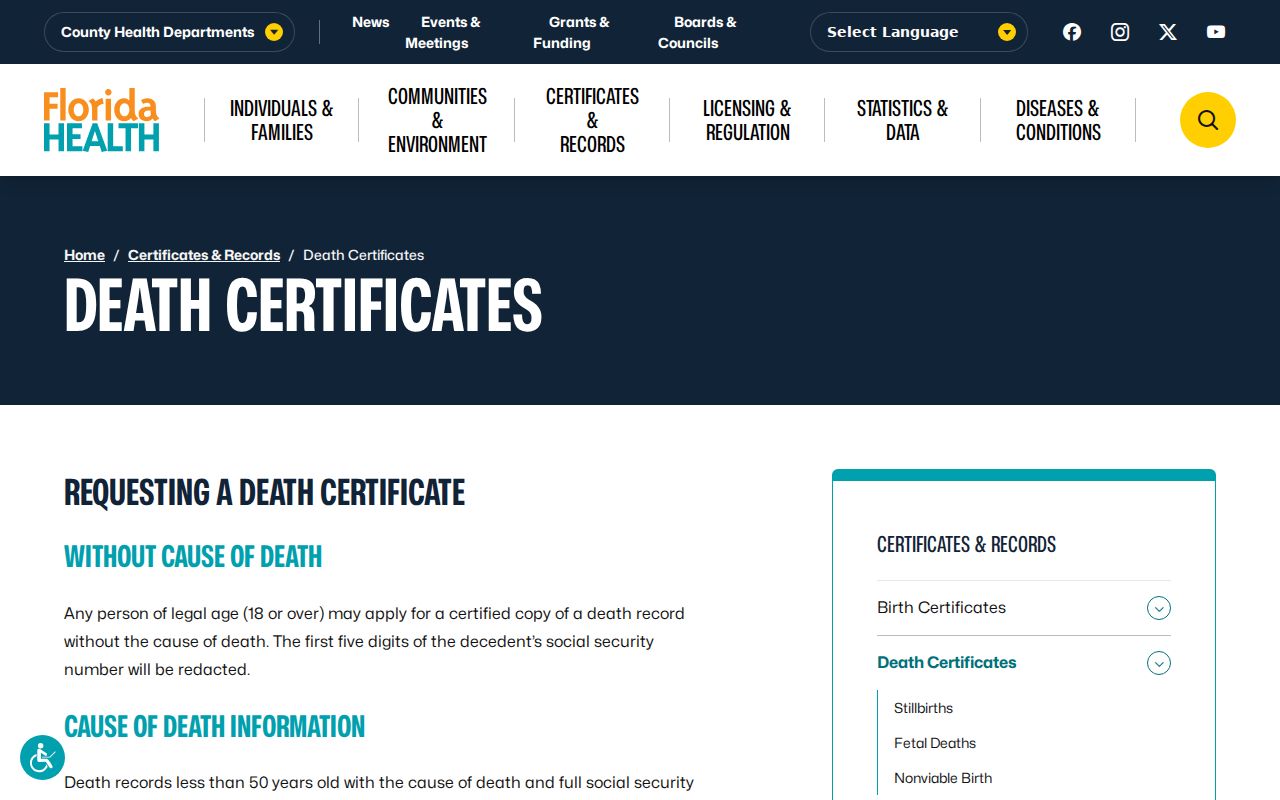 Florida death certificate access page for closing a Sanford previous resident trail