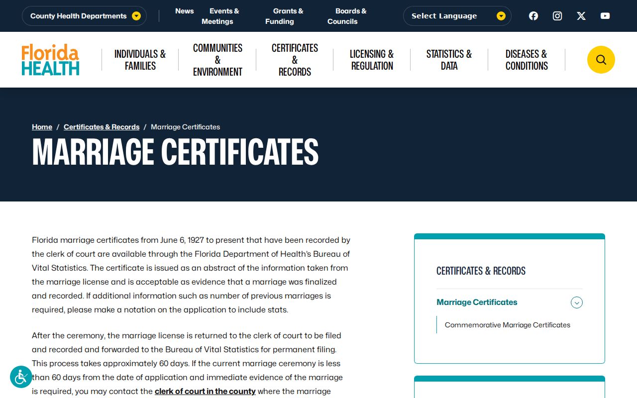 Florida marriage certificate ordering page used to identify past Sanford household links