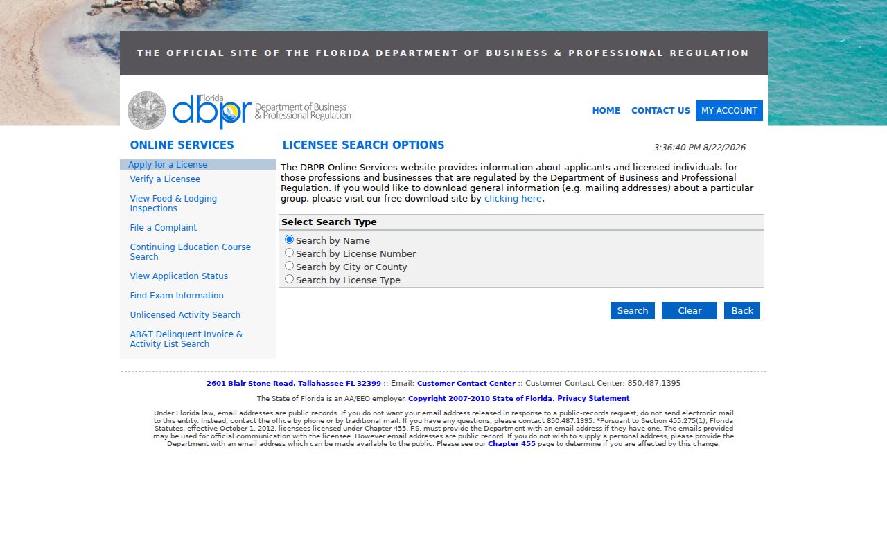 Florida DBPR license lookup for a Sanford name