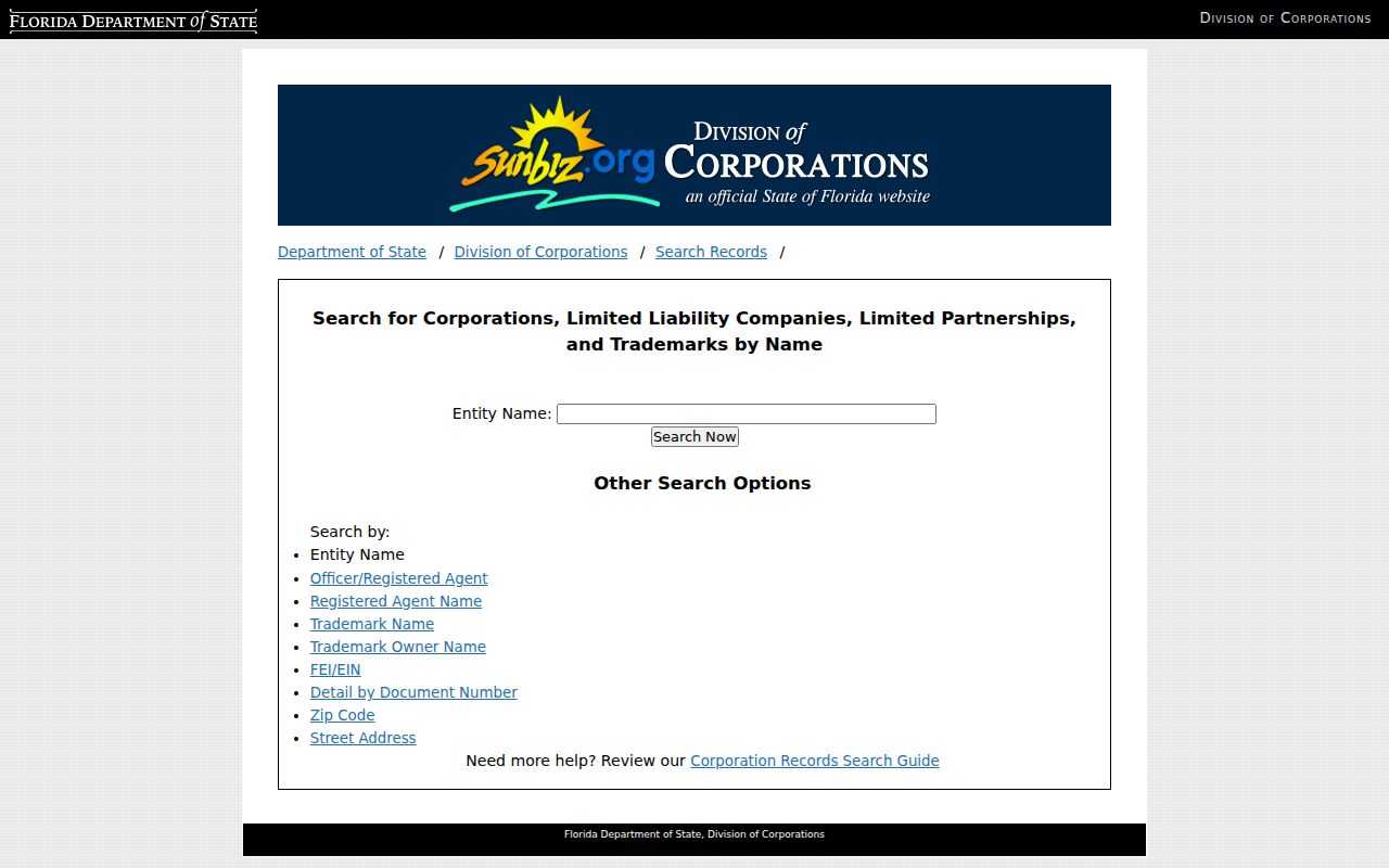 Florida Sunbiz entity name search used for a Sanford resident lookup